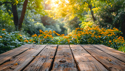 Naklejka na ściany i meble Weathered Wooden Table Board In Focus With a Blurred Floral Background Of A Sunny Flower And Green Trees Garden for Advertisement Or Promotion, Copy Space, Empty