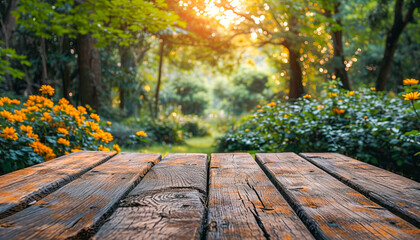 Naklejka na ściany i meble Weathered Wooden Table Board In Focus With a Blurred Floral Background Of A Sunny Flower And Green Trees Garden for Advertisement Or Promotion, Copy Space, Empty