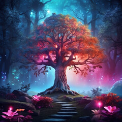 Glowing tree magical landscape