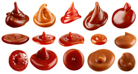 collection of Ketchup splashes, group of objects. Arrangement of red ketchup or tomato sauce, isolated on a transparent background with a PNG cutout or clipping path.	
