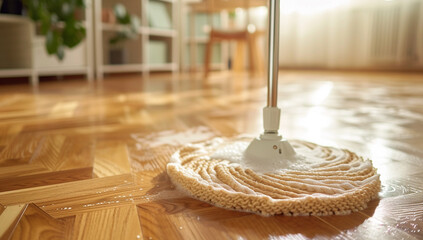 Mop washes wooden floor - obrazy, fototapety, plakaty