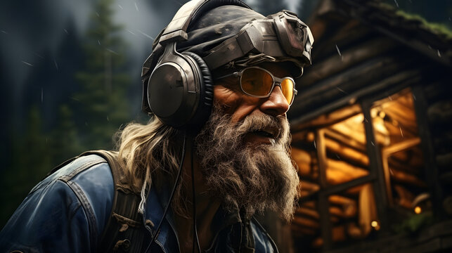 Elder grey haired gamer man playing computer games. Old gamer video man play