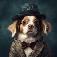 Portrait of puppy in a fashion suit, Dog dressed with retro stile in a fancy knitted dress. Fashion parade