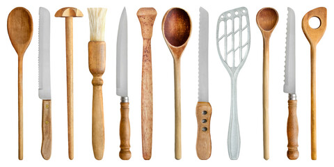 Various vintage cooking spoons and knives isolated on transparent background PNG cut out