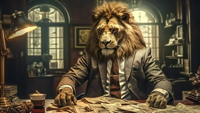 Lion businessman sitting at the table on which scattered a lot of money. symbol of successful business, profitable deals. Generative AI
