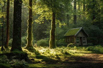 Secluded cabin in lush forest with sun rays at dawn. Tranquil nature retreat.