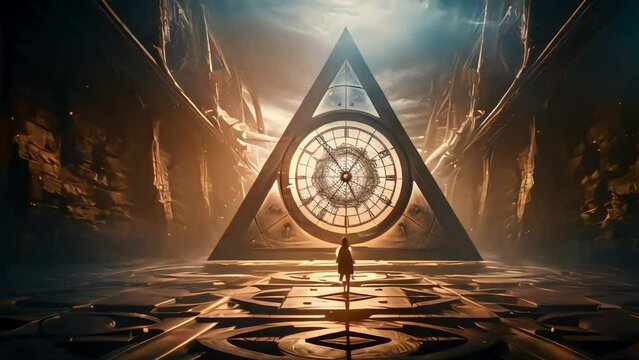 An illustration of time travel. A huge clock in a triangle in a scuffed area. Generative AI