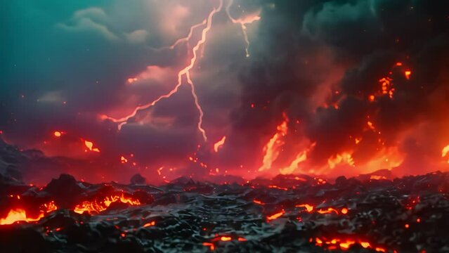 a fiery land of lava, lightning flashes. A natural disaster. Generative AI