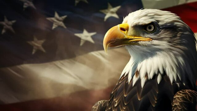 A white-headed eagle against the American flag. A symbol of the freedom and dignity of the United States. Generative AI