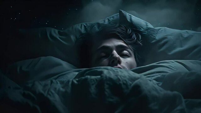a man trying to fall asleep in bed. An illustration of sleep problems. Generative AI