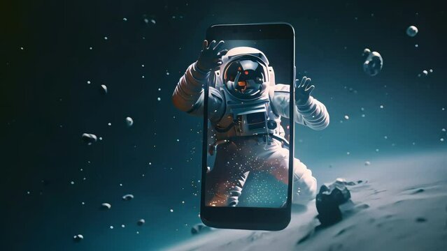 An astronaut flying in space with a huge smartphone. illustration of a phone with maximum security. Generative AI