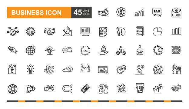 Business icon set. Money, hand shake, teamwork, marketing, management, and more line icon.