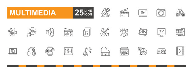 Multimedia icon set. Movie, music, microphone, control, projector and more line icon.