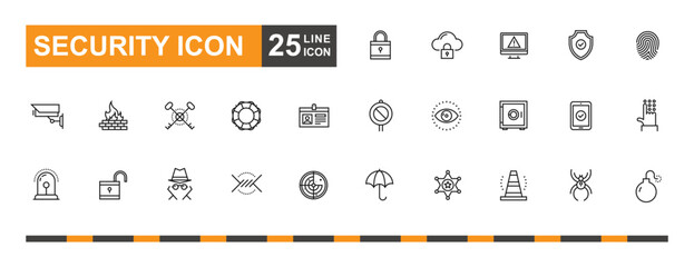 Security icon set. Protection, lock, fingerprint, data and more line icon.