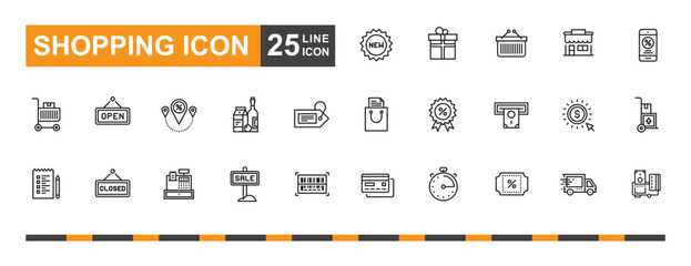 Shopping icon set. Payment, store, delivery, discount, basket, shopping cart and more line icon