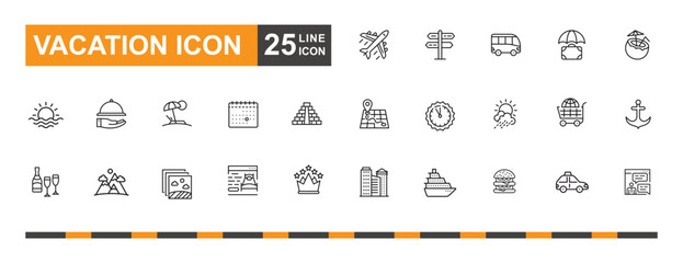 Vacation icon set. Beach, air plane, summer, street food, location, tansportation and more line icon