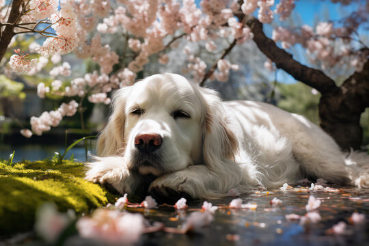 Purebred Canine Friend: A Cute Puppy Playing Under a Blooming Tree on a Sunny Green Grass Background