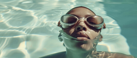 Fototapeta premium Serene swimmer emerges, water's glistening dance reflected in her goggles under the calm sky