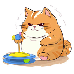 A red fat cat looks slyly at his toy