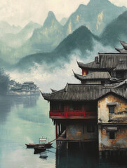 A painting of a chinese place on the lake next to mountains.