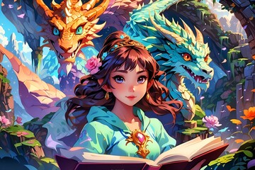 portrait of a girl in a Fantasyland with two dragons 