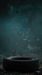 Banner with copy space and a solitary old tire sits on a textured ground against a moody blue backdrop, symbolizing the environmental concerns related to tire disposal and recycling.