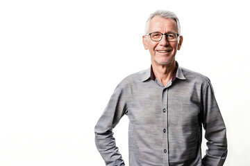 portrait of aged man wearing casual shirt posing on isolated background