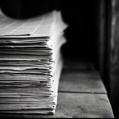 A background with copy space and stack of newspapers leaning on the left, monochrome in appearance, suggesting the continuous flow of information and the consequent paper recycling that follows. - obrazy, fototapety, plakaty
