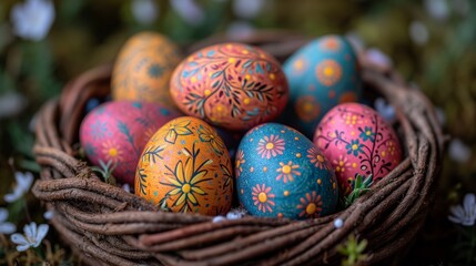 Fototapeta na wymiar Colorful Painted Eggs Filled Basket on Grass