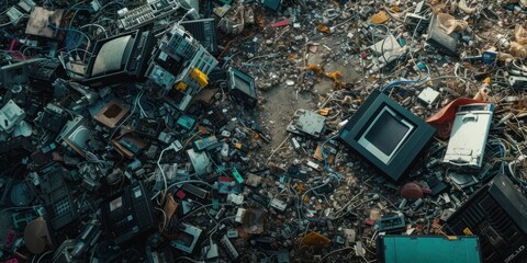 Background with a vast assortment of electronic waste including screens, cables, and assorted devices, highlighting the need for recycling and eco-awareness.