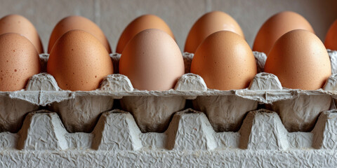 Background with a close-up of a cardboard egg carton holding brown eggs, with a focus on the texture and structure.