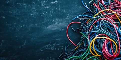 Background with copy space and a bundle of colorful used wires in the corner, set against a dark background, symbolizing electronic waste and the need for proper disposal and recycling. - obrazy, fototapety, plakaty