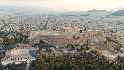 Athens, Greece. Acropolis of Athens in the light of the morning sun. Summer, Aerial View