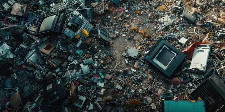 Background with a vast assortment of electronic waste including screens, cables, and assorted devices, highlighting the need for recycling and eco-awareness.