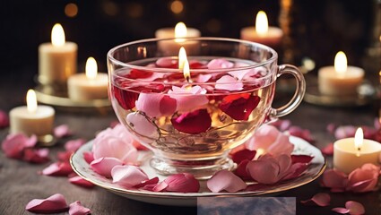 candles and flowers Cup of aromatic tea with fresh roses flowers on the table. Organic and natural, herbal hot healthy beverage. A Cozy Morning Scene Featuring a Glass Cup of Steaming Rose Petal Tea 
