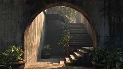 A mystical archway opens to a stairway bathed in sunlight, surrounded by lush potted plants, evoking a sense of discovery.