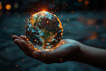  Hand holding virtual world with copy space for text