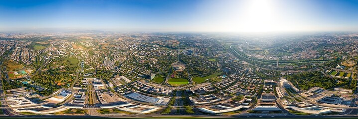 Rome, Italy. World Exhibition Quarter - EUR. Panorama of the city on a summer morning. Sunny weather. Panorama 360. Aerial view - obrazy, fototapety, plakaty