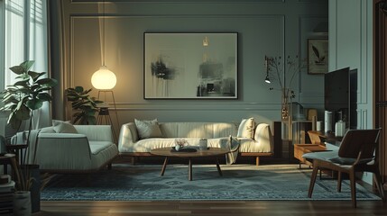 The evening light softly illuminates a classic living room, showcasing tasteful furniture, decorative plants, and a calming blue-grey color scheme.