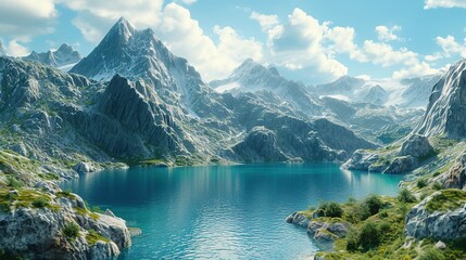 A breathtaking alpine lake nestles among towering rugged mountain peaks under a clear blue sky with fluffy white clouds.