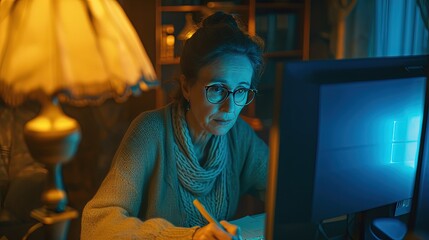 Obraz premium An attentive senior woman with glasses works on a computer at night, possibly managing personal affairs or exploring the internet.