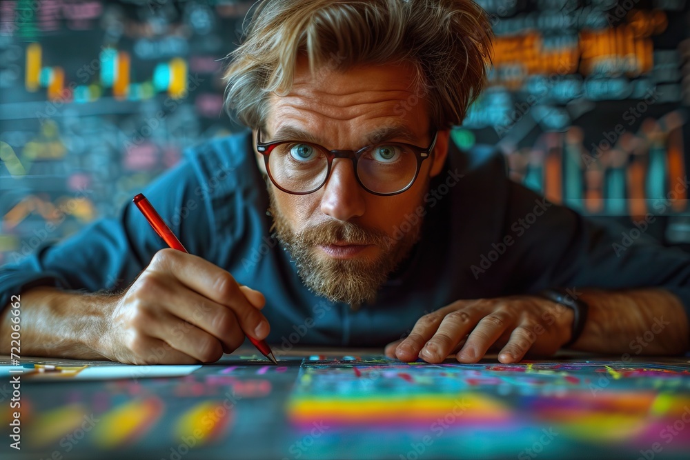 Poster businessman works on a sketches of a startup creative project. generative ai