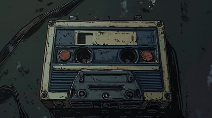 Artistic representation of a worn-out cassette tape with a grunge texture, capturing the essence of retro music and analog nostalgia.