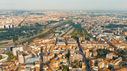 Milan, Italy. Industrial area. Access railway tracks to Milano Porta Garibaldi Train Station, Aerial View