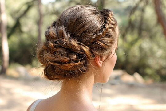 Brunette with hair gathered in a bun, braids