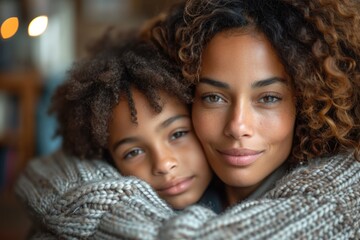 Mother and child embracing warmly, sharing a moment of love and connection in a cozy indoor setting during a quiet afternoon