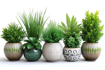Various green succulents in decorative pots on a white background give the interior a modern and stylish look.