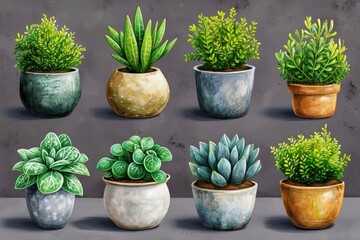 An illustration of decorative succulents in pots, adding a touch of greenery and style to an interior with a Scandinavian and minimalist aesthetic.