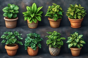 Illustration of various green plants in pots, showing a varied selection of herbs and foliage for gardening and interior decoration.