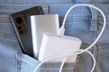 Power bank, external battery and USB cable, universal mobile battery for recharging gadgets